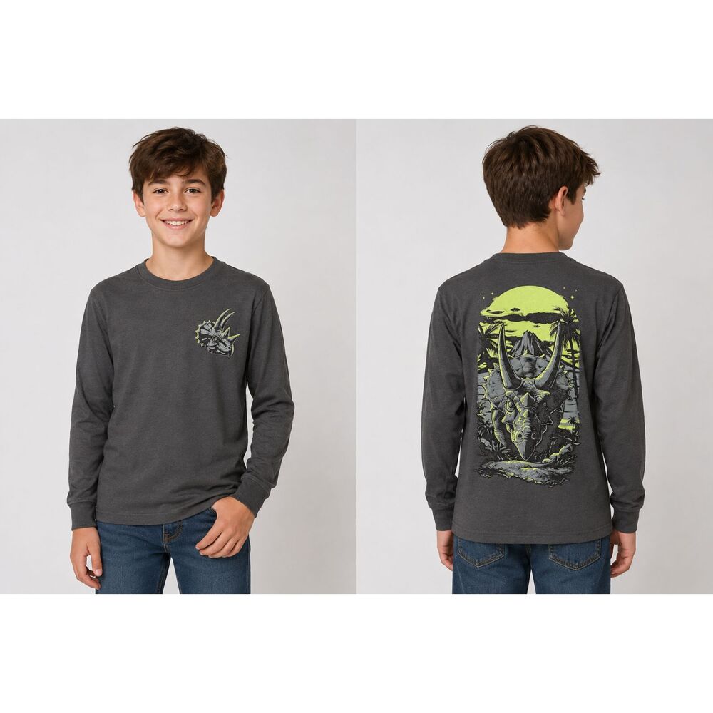Highland Originals Boys Size 10/12 Gray Triceratops Dinosaur LS Tee NWT #X